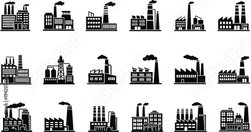 Industrial factory buildings silhouettes collection, power plants, oil refinery facilities, manufacturing industry infrastructure and production plant vector icons set