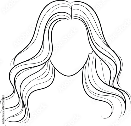 A black and white line drawing of a womans head with long wavy hair