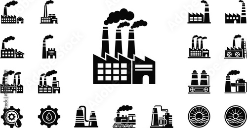 Industrial factory pollution icons collection, smokestack plants, manufacturing facilities, refinery equipment and energy production symbols silhouette vector set