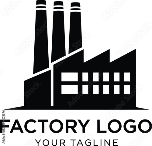 Industrial factory logo template, manufacturing plant building symbol, modern industry company brand identity, production facility silhouette vector design