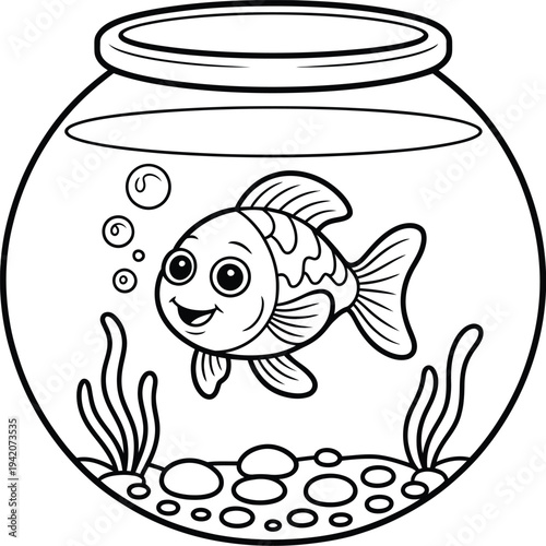 Black and white illustration of a smiling fish in a fishbowl