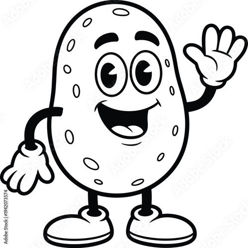 A cheerful cartoon potato character waving with a big smile on its face
