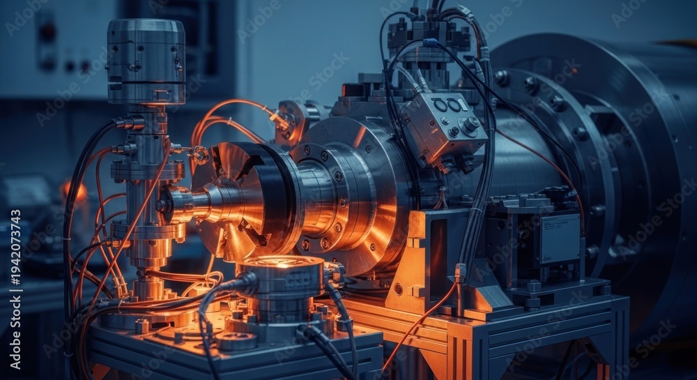 Obraz premium Intricate industrial machinery with glowing elements and complex components.