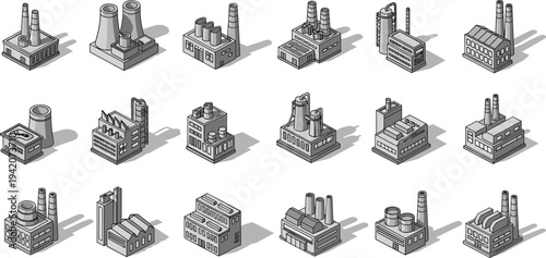 Isometric industrial factory buildings collection, power plants, refinery facilities, manufacturing infrastructure and energy production industry vector icons set