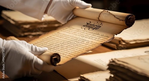 Archivist carefully examines an ancient handwritten scroll with delicate white gloves