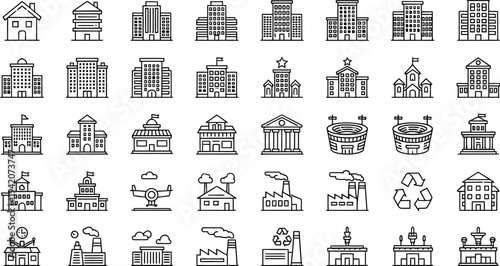 Minimal line building icons collection, city architecture outline set with house office school factory stadium airport government recycling symbol vector