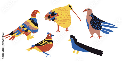 Set of funny modern vector birds. Naive artistic bright birds. Spring or summer illustration. 