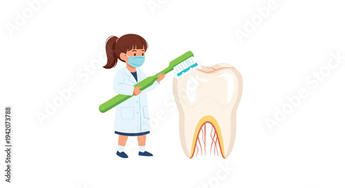 A cartoon girl doctor wearing a medical mask and lab coat brushes a large, solid white tooth with a bright green oversized toothbrush.