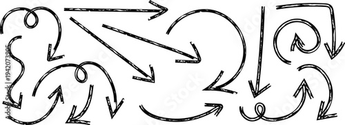 A collection of hand drawn arrows and swirling lines in black on a white background creating a dynamic and abstract visual representation