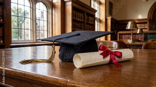 Academic Graduation Cap and Scroll on Desk with Scenic Window View