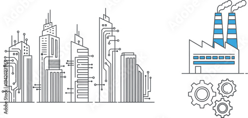 Smart industrial city technology concept, factory automation with gears, digital manufacturing skyline, industry 4.0 production system vector illustration