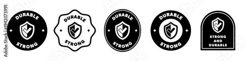 Durable and Strong label with shield and check icon. Vector design.