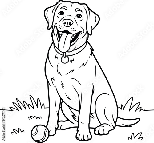 A black and white illustration of a happy dog sitting with a ball on the ground in a grassy area