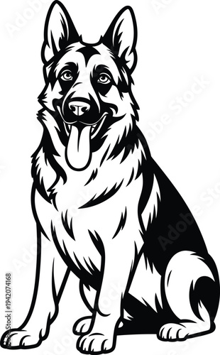 A black and white illustration of a german shepherd dog sitting