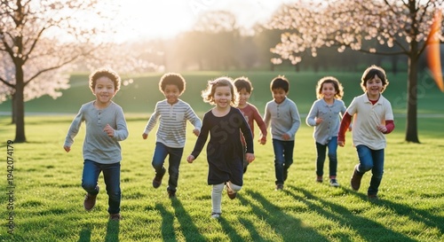 Joyful children running on a sunny green field enjoying outdoor fun and games.
