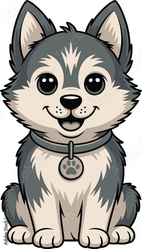 Cute cartoon husky dog with a collar and tag sitting looking happy and friendly