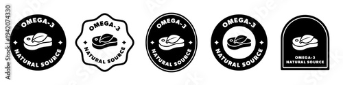 Omega-3 natural source. Vector labels for food product isolated on white.