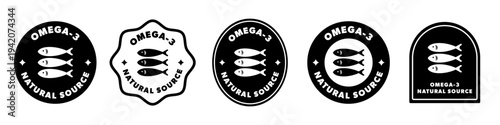 Omega-3 natural source. Vector stickers for container isolated on white.