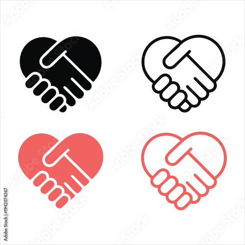 Heart shape handshake icon set for charity non profit organization and community support concepts