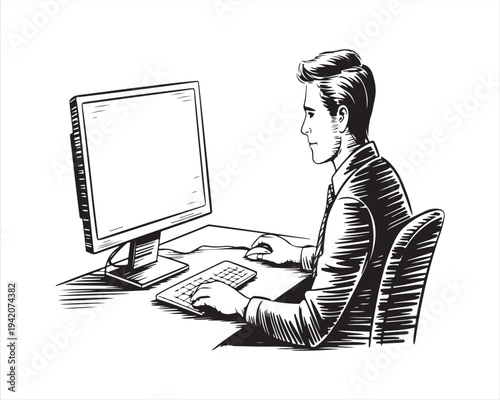 Office worker using computer workstation hand drawn vector drawing