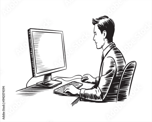 Man working on desktop computer at office desk hand drawn sketch style vector illustration professional workspace concept isolated on white background