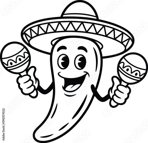 A cheerful cartoon chili pepper wearing a sombrero and holding maracas