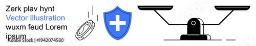 Security, finance, fairness, healthcare, protection, equality. Blue shield with cross, falling coin and balance scale. Security and finance concepts through symbolic elements