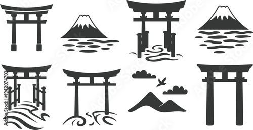 Japanese torii gate and Mount Fuji icons, traditional Japan culture symbols silhouette set isolated minimal black vector illustration