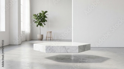 Minimalist Modern Showroom Interior with Hexagonal Stone Pedestal Platform