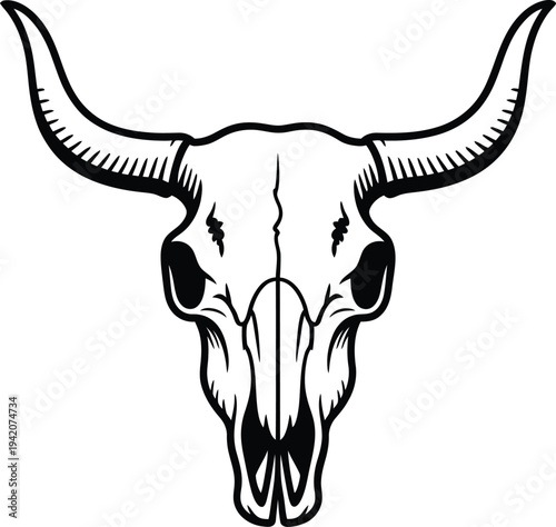 A black and white illustration of a bull skull with horns
