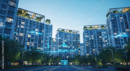 Modern urban architecture showcasing residential buildings and infrastructure under a clear sky.