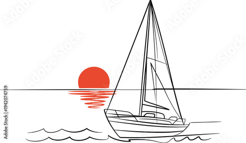 Minimalist sailboat line drawing, yacht sailing on ocean waves with sunset reflection nautical outline illustration isolated background