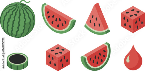 Watermelon fruit icon set, whole watermelon slices cubes and juice drop summer food illustration isolated on white