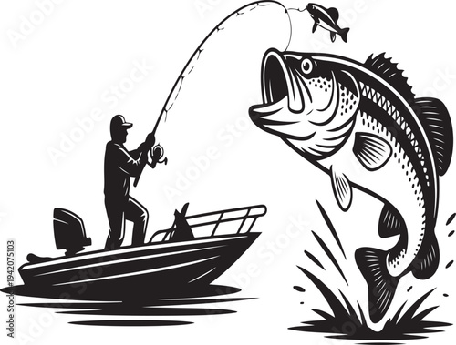 Fisherman fishing from boat catching large bass fish silhouette illustration