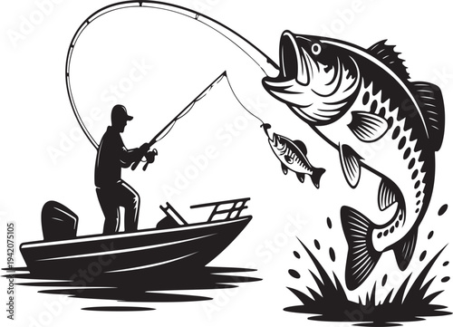 Sport fishing angler catching big bass fish from boat vector design