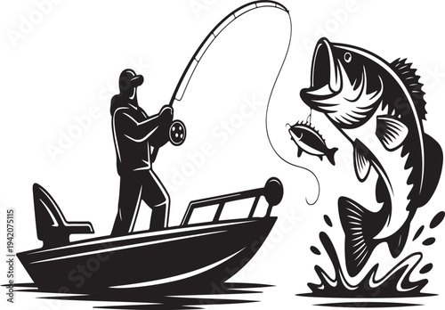 Fisherman catching jumping bass fish from boat silhouette vector illustration