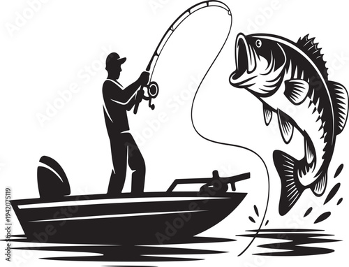Fisherman catching large bass fish from boat with fishing rod silhouette vector illustration sport fishing concept isolated on white background