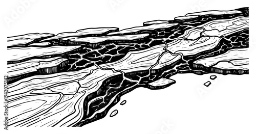 Detailed engraving of cracked earth and stony terrain texture in woodcut style