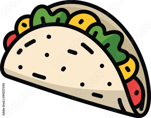 A colorful cartoon illustration of a taco with vibrant fillings