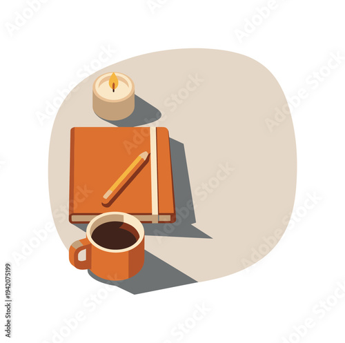 Minimalist Digital Detox. Digital detox lifestyle concept with simple notebook book candle and cup arranged neatly seen from