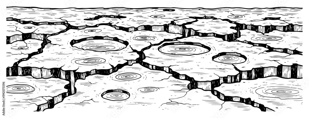 Obraz premium Hand drawn woodcut engraving of dry cracked terrain with small puddles or craters