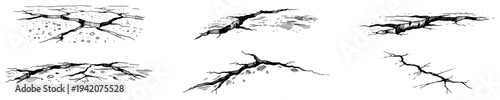 Set of vintage woodcut style illustrations featuring various ground cracks and fissures