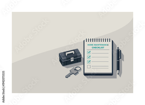 Refined contemporary home maintenance checklist concept with essential notebook toolbox key and pen subtly offset and aligned