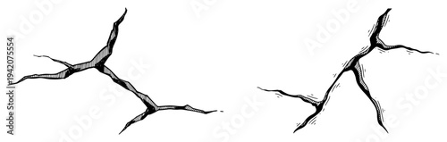Two detailed hand drawn illustrations of large ground fissures in a vintage woodcut style