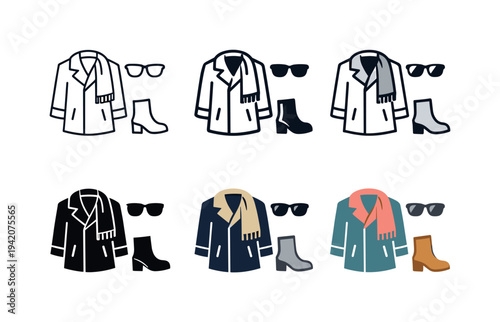 Fashion for all seasons symbol showing a coat, scarf, sunglasses, and boot, conveying style, seasonal clothing, and accessory