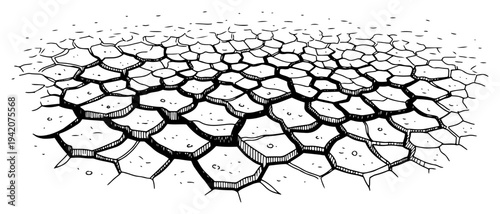 Detailed engraving of parched cracked earth ground texture in vintage woodcut style