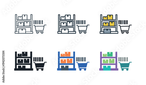 Product management icon showing stylized shelves, boxes, barcodes, and carts representing retail inventory tracking, stock