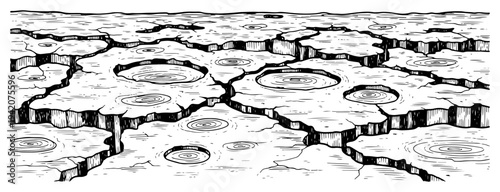 Hand drawn woodcut engraving of dry cracked terrain with small puddles or craters
