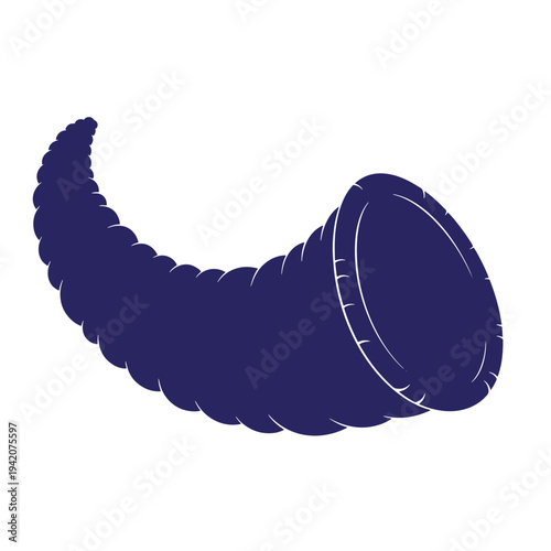 dark blue illustration of a single cornucopia or horn of plenty with a white outline on a white background