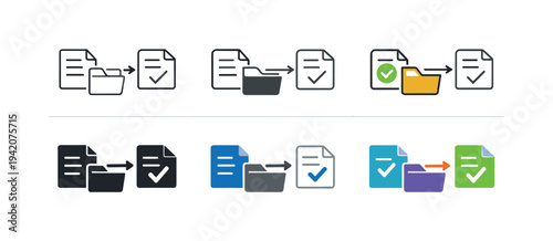 Claims System Icons Grid. Claims processing system icon showing stylized documents, checkmarks, folders, and flow arrows